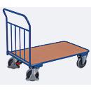 Chariot à plate-forme avec barre de poussée - acier et panneau MDF - L 1000 x l. 695 mm - roulettes TPE avec EasySTOP - jusqu'à 400 kg - bleu gentiane/hêtre - notre marque Schaefer Shop Select