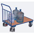 Chariot à plate-forme avec barre de poussée - acier et panneau MDF - L 850 x l. 495 mm - roulettes TPE avec EasySTOP - jusqu'à 400 kg - bleu gentiane/hêtre - notre marque Schaefer Shop Select