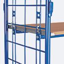 Chariot à plateaux, acier/MDF, décor bleu gentiane/hêtre, 1 plateau, 1000 x 700 mm, 2 panneaux d'extrémité en treillis métallique, EasySTOP, jusqu'à 500 kg