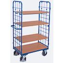 Chariot à plateaux, acier/MDF, décor bleu gentiane/hêtre, 1 plateau, 1200 x 800 mm, 2 panneaux d'extrémité en treillis métallique, EasySTOP, jusqu'à 500 kg