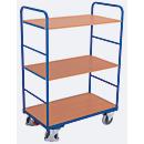 Chariot à plateaux, acier/MDF, décor bleu gentiane/hêtre, 3 plateaux, 1000 x 600 mm, EasySTOP, jusqu'à 250 kg