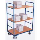 Chariot à plateaux, acier/MDF, décor bleu gentiane/hêtre, 3 plateaux, 850 x 500 mm, EasySTOP, jusqu'à 250 kg