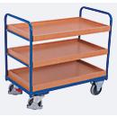 Chariot à plateaux, acier/MDF, décor bleu gentiane/hêtre, 3 plateaux, 965 x 555 mm, EasySTOP, jusqu'à 250 kg