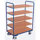 Chariot à plateaux, acier/MDF, décor bleu gentiane/hêtre, 5 plateaux, 1200 x 800 mm, EasySTOP, jusqu'à 250 kg