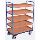 Chariot à plateaux, acier/MDF, décor bleu gentiane/hêtre, 5 plateaux, 965 x 655 mm, EasySTOP, jusqu'à 250 kg