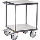 Chariot à plateaux ESD Fetra 9496, jusqu'à 500 kg, 2 plateaux avec étagères en bois composite, surface de chargement L 600 x l 600 mm, pneus TPE, poignée de poussée, acier, gris ardoise