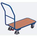 Chariot à revues, panneau acier/MDF, décor bleu gentiane/hêtre, L 890 x l 450 mm, avec traverse, roulettes TPE avec EasySTOP, jusqu'à 200 kg