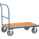 Chariot avec poignée de poussée, acier/bois, bleu-hêtre, jusqu'à 600 kg, l. 1200 x P 800 mm, roulettes TPE