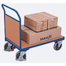 Chariot d'extrémité, acier/plaque MDF, décor bleu gentiane/hêtre, L 1030 x L 700 mm, paroi d'extrémité en plaque MDF, roulettes TPE avec EasySTOP, jusqu'à 500 kg