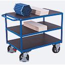 Chariot de table à usage intensif, acier/plaque de sérigraphie, bleu gentiane/marron foncé, 3 plateaux, L 1595 x l 800 mm, roulettes en caoutchouc solide avec EasySTOP, jusqu'à 1000 kg