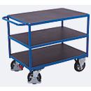 Chariot de table à usage intensif, acier/plaque de sérigraphie, bleu gentiane/marron foncé, 3 plateaux, L 995 x l 700 mm, roulettes en caoutchouc plein avec EasySTOP, jusqu'à 1000 kg