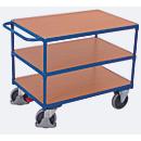 Chariot de table à usage intensif, panneau acier/MDF, décor bleu gentiane/hêtre, 3 plateaux, L 850 x l 500 mm, roulettes TPE avec EasySTOP, jusqu'à 400 kg