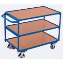Chariot de table léger, panneau acier/MDF, décor bleu gentiane/hêtre, 3 plateaux, L 835 x l 505 mm, roulettes TPE avec EasySTOP, jusqu'à 250 kg