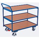 Chariot de table léger, panneau acier/MDF, décor bleu gentiane/hêtre, 3 plateaux, L 835 x l 505 mm, roulettes TPE avec EasySTOP, jusqu'à 250 kg