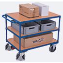 Chariot de table robuste, panneau acier/MDF, décor bleu gentiane/hêtre, 3 plateaux, L 1000 x l 600 mm, roulettes TPE avec EasySTOP, jusqu'à 500 kg