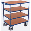 Chariot de table robuste, panneau acier/MDF, décor bleu gentiane/hêtre, 4 plateaux, L 1000 x l 700 mm, roulettes TPE avec EasySTOP, jusqu'à 500 kg