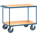 Chariot de transport à 2 étages Fetra, L 1200 x l. 800 mm, capacité de charge 600 kg, avec roulettes en TPE, bleu brillant RAL 5007
