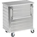 Chariot de transport en aluminium, volume 355 L, 2 parois longitudinales rabattables, avec couvercle