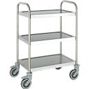 Chariot en inox, 3 étages, l. 675 x P 445 mm, roulettes caoutchouc plein, capot de roulettes en plastiqu