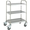 Chariot en inox, 3 étages, l. 675 x P 445 mm, roulettes caoutchouc souple, capot de roulettes galvanisé