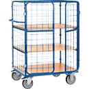 Chariot grillagé Fetra 8482-3DE, jusqu'à 600 kg, porte battante verrouillable avec toit, 3 niveaux avec étagères en bois composite, surface de chargement L 1000 x l 700 mm, pneus TPE