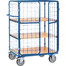 Chariot grillagé Fetra 8483-3DE, jusqu'à 600 kg, porte battante verrouillable avec toit, 3 niveaux avec étagères en bois composite, surface de chargement L 1200 x l 800 mm, pneus TPE