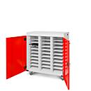 Chariot pour ordinateur portable avec fonction de chargement, verrouillage 2 points, prise CH, frein de stationnement, 30 compartiments, L 1310 x P 500 x H 1250, rouge trafic