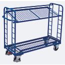Chariots à étagères, acier/maille métallique, bleu gentiane, 2 étagères, 1650 x 650 mm, panneaux d'extrémité avec renfort en acier rond, EasySTOP, jusqu'à 400 kg