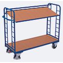 Chariots à étagères, acier/MDF, décor bleu gentiane/hêtre, 2 étagères, 1650 x 650 mm, panneaux d'extrémité avec renforts en acier rond, EasySTOP, jusqu'à 400 kg