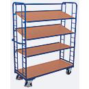 Chariots à étagères, acier/MDF, décor bleu gentiane/hêtre, 4 étagères, 1650 x 650 mm, panneaux d'extrémité avec renforts en acier rond, EasySTOP, jusqu'à 400 kg