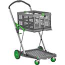 CLAX® móvil plegable, 2 estantes, carga máx. 60 kg, ruedas giratorias y fijas, incl. caja plegable de 46 l, aluminio y plástico, gris/verde