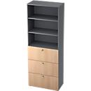 Combinatiekast TOPAS LINE, 6 dossierhoogtes, legbord en hangmappensysteem, decor grafiet/eiken