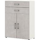Commode de bureau TEMPIO, en bois, 2 portes, 2 tiroirs, 3 OH, L 800 x P 340 x H 1070 mm, blanc/béton