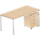 Complete set BEXXSTAR, desk 1600 mm wide and mobile pedestal, square tube base, maple finish