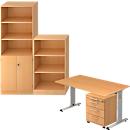 Complete set bureautafel/verrijdbaar ladeblok/kast met legborden/archiefrek ULM, beukenpatroon
