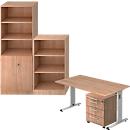 Complete set bureautafel/verrijdbaar ladeblok/kast met legborden/archiefrek ULM, notenhoutpatroon