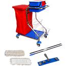 Conjunto completo de balde duplo, 2 baldes de 15 L, prensa, cabo cromado de 2 peças + 10 mops