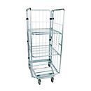 Conteneur sur roulettes emboitable, 3 côtés, galvanisé, capacité de charge 500 kg, 2 tablettes intermédiaires