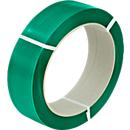 Correa de poliéster PET, L 1500 m x A 15,5 mm, grosor 0,9 mm, núcleo Ø 406 mm, hasta 534 kg, 100 % material reciclado, verde, gofrado