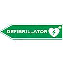 Defibrillator-AED-Standort-Strassenschild, Pfeilform, linksweisend, nachtleuchtend, wetterfest, Dibond-Druck, L 600 x H 150 mm, grün-weiss