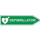 Defibrillator-AED-Standort-Strassenschild, Pfeilform, rechtsweisend, nachtleuchtend, wetterfest, Dibond-Druck, L 600 x H 150 mm, grün-weiss