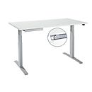 Desk, electrically height-adjustable, T-foot, W 1600 x D 800 x H 645-1290 mm, light gray/white aluminum + cable duct, accessory drawer