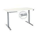 Desk, electrically height-adjustable, T-foot, W 1600 x D 800 x H 645-1290 mm, white/white aluminum + cable duct, accessory drawer