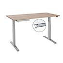 Desk, electrically height-adjustable, T-foot, W 1600 x D 800 x H 645-1290 mm, wild oak/white aluminum + cable duct, accessory drawer