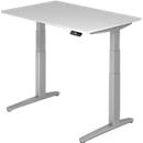 Desk TOPAS LINE, electrically height-adjustable, C-foot, W 1200 x D 800 x H 650-1300 mm, light gray/white aluminum + memory switch, cable duct