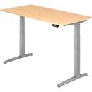 Desk TOPAS LINE, electrically height adjustable, C-foot, W 1600 x D 800 x H 650-1300 mm, maple/alusilver + memory switch, cable duct