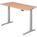 Desk TOPAS LINE, electrically height-adjustable, C-foot, W 1600 x D 800 x H 650-1300 mm, walnut/alusilver + memory switch, cable duct