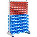 Double-sided shelf support, W 1130 x D 700 x H 1885 mm, 120 x 0.7 l, red + 84 x 3 l, blue
