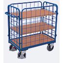 Drahtgitter-Etagenwagen, Stahl/MDF-Platte, Enzianblau/Buche-Dekor, 1 Etage, 1000 x 600 mm, einhängbare Längswände, EasySTOP, bis 500 kg