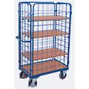 Drahtgitter-Etagenwagen, Stahl/MDF-Platte, Enzianblau/Buche-Dekor, 1 Etage, 1200 x 800 mm, einhängbare Längswände, EasySTOP, bis 500 kg